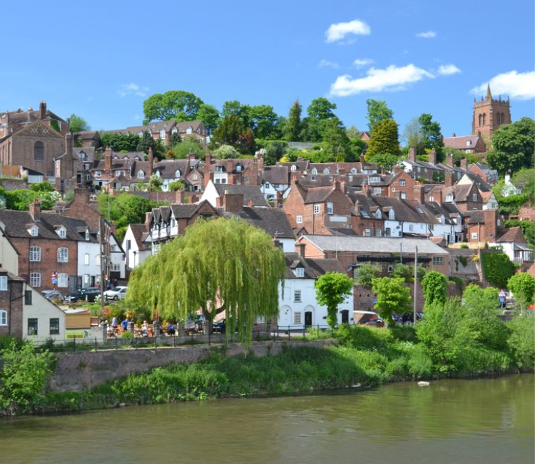 Bridgnorth from across some water, Image shows houses and trees on a slope.